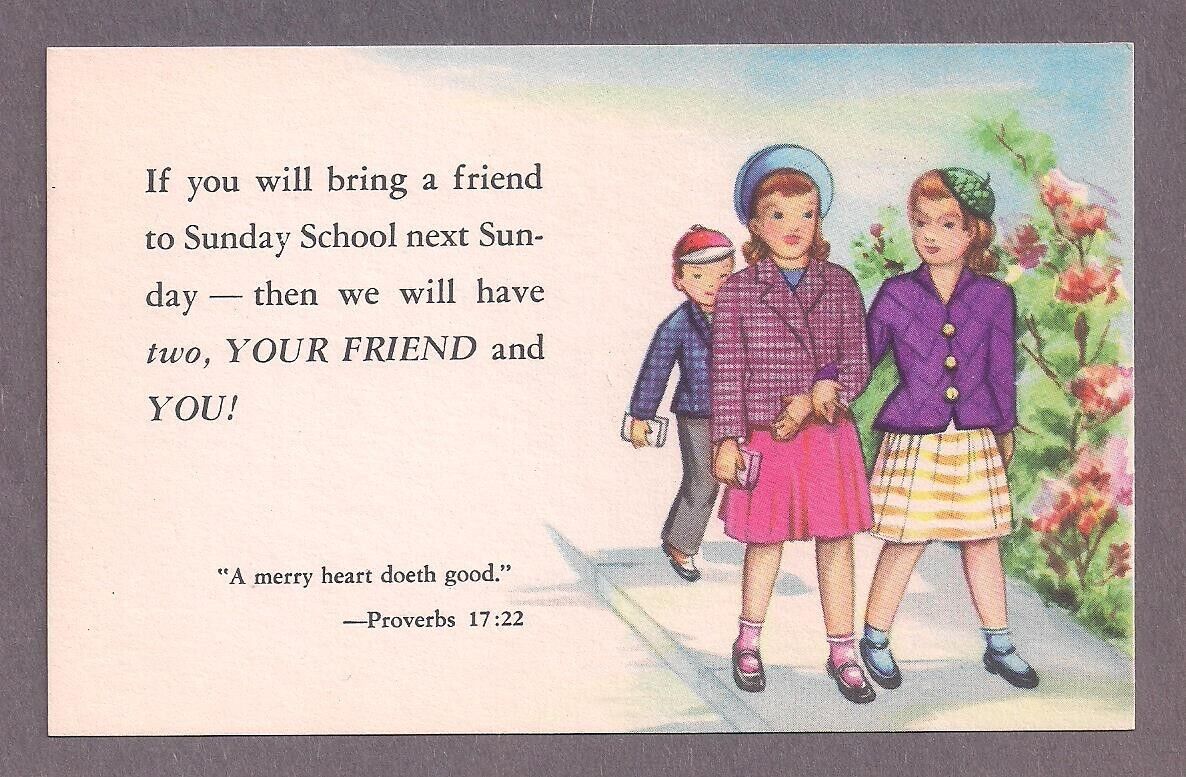 Sunday school bring a friend NOS unused postcard 1940's