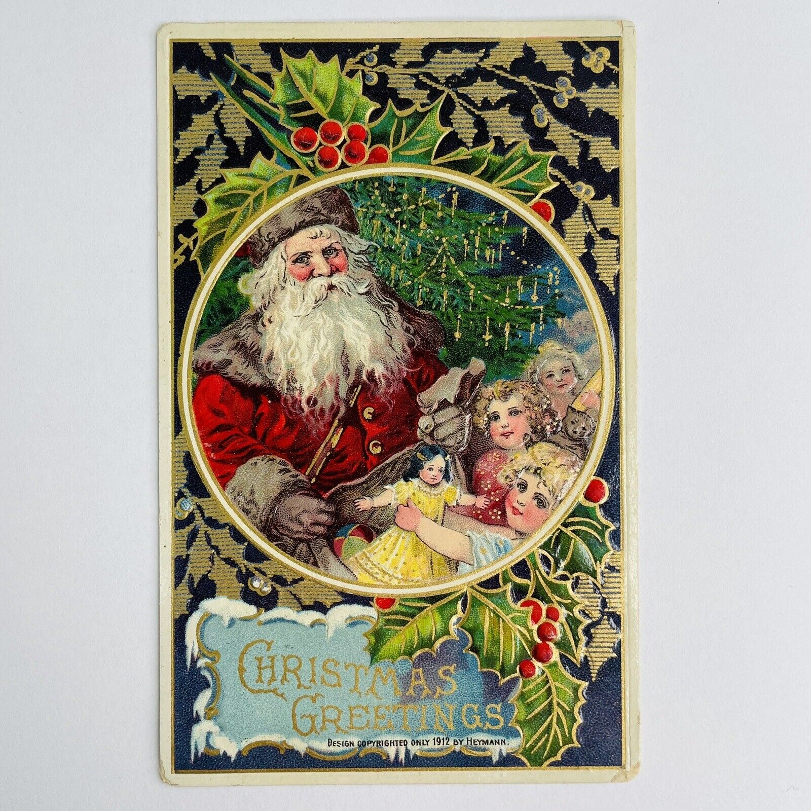 Santa Claus with Gray Fur Trim Heymann Dolls Kids Antique Christmas Postcard