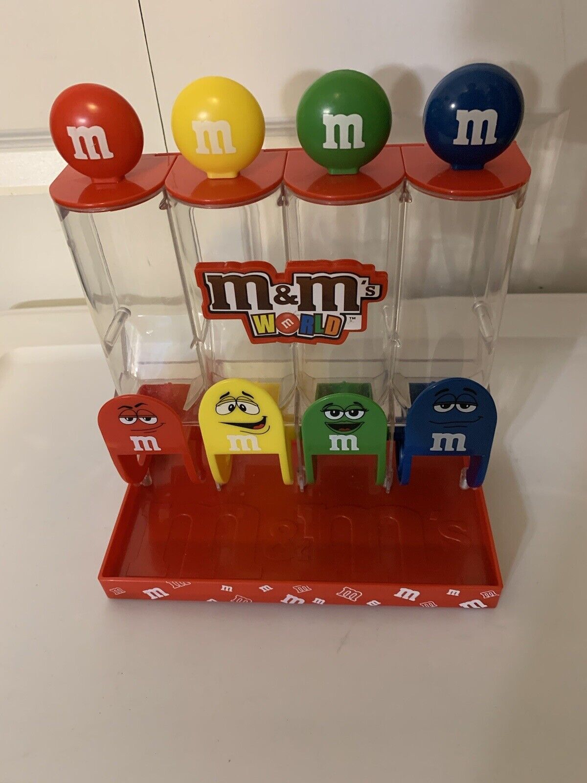 M&M\'s World Four Tube Red Candy Dispenser 4 colors Red, Yellow, Green, Blue