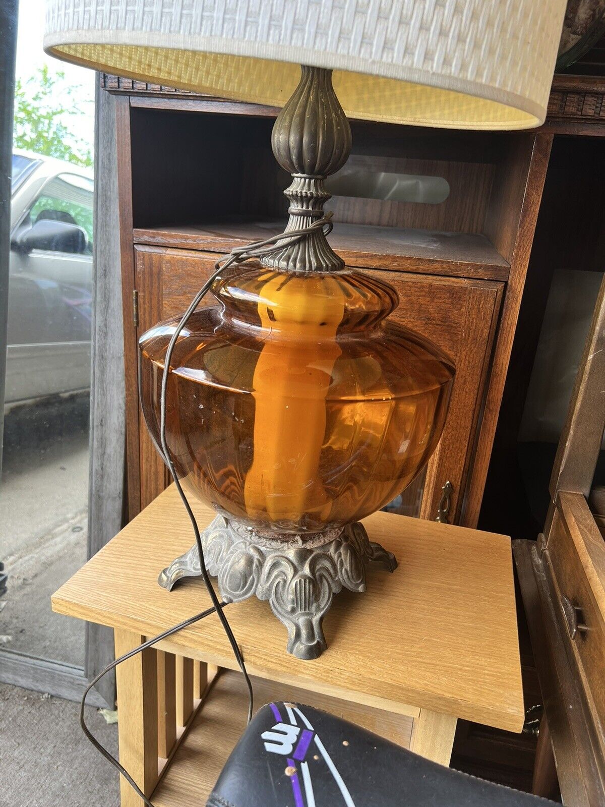 Vintage Mid Century Amber Glass Table Lamp Metal Base
