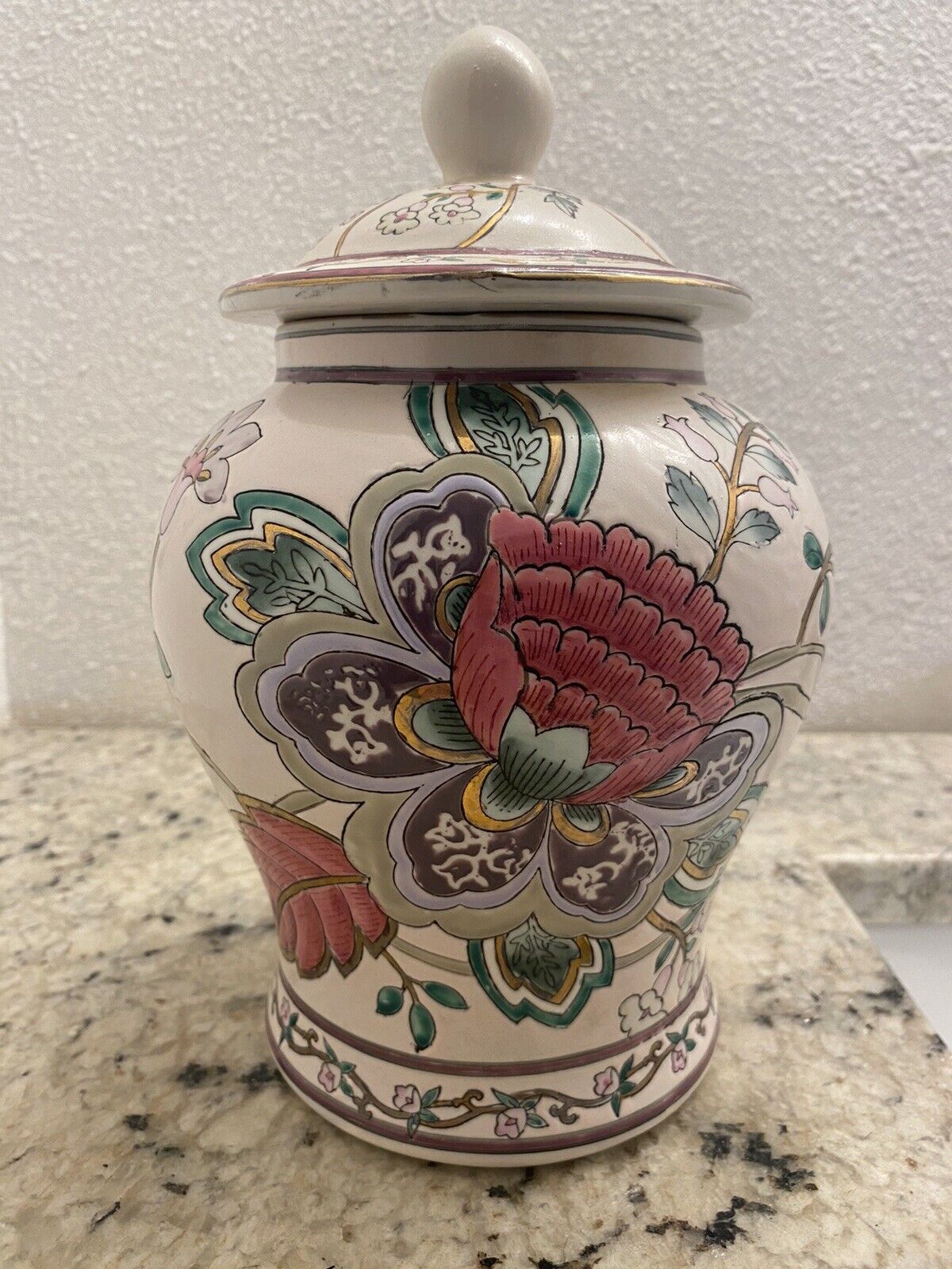 Vintage ASIAN VASE JAR/ Chinoiserie Ginger Jar/Urn Hand Painted Marked
