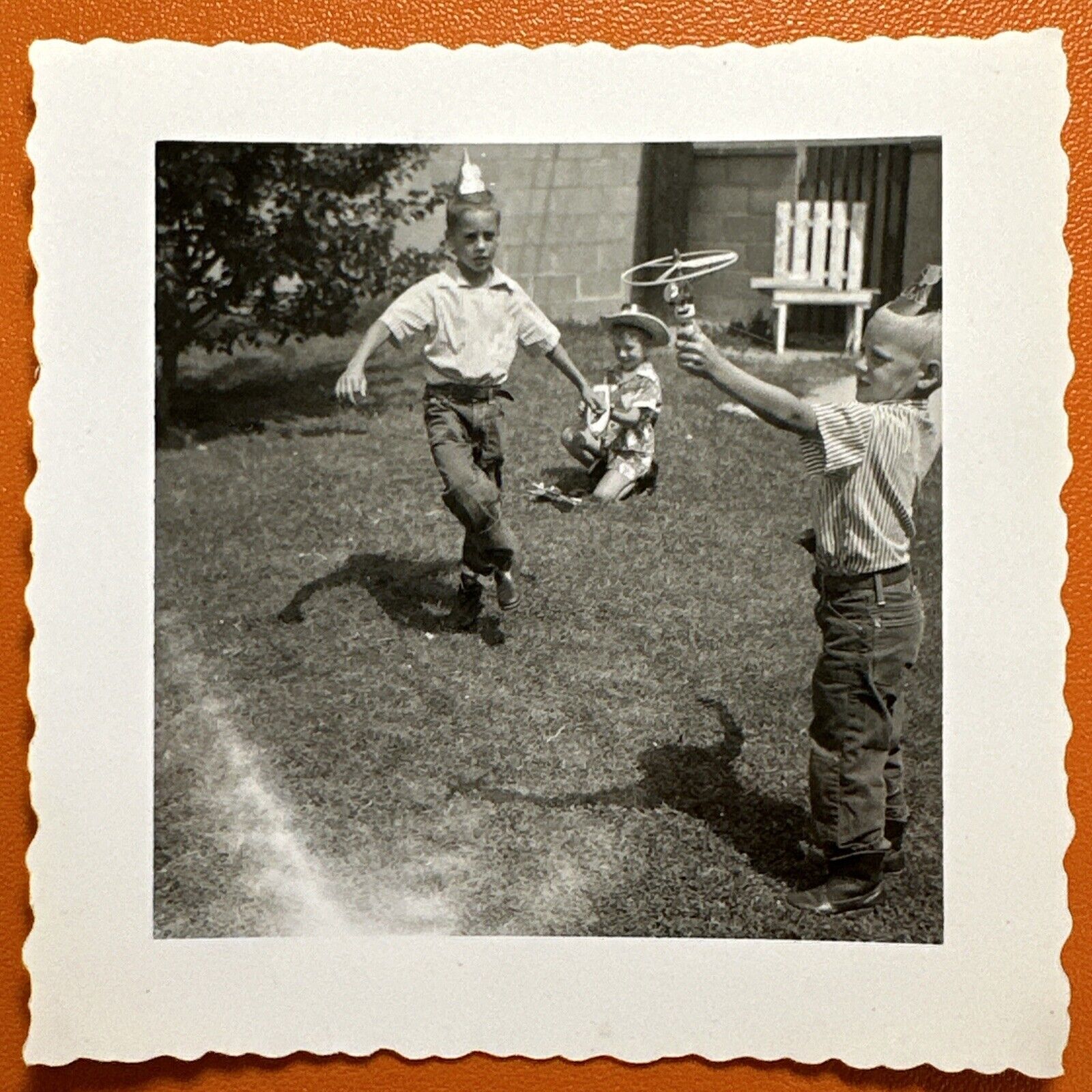 VINTAGE PHOTO brothers playing with strange toys, great shadows, Original 1950s