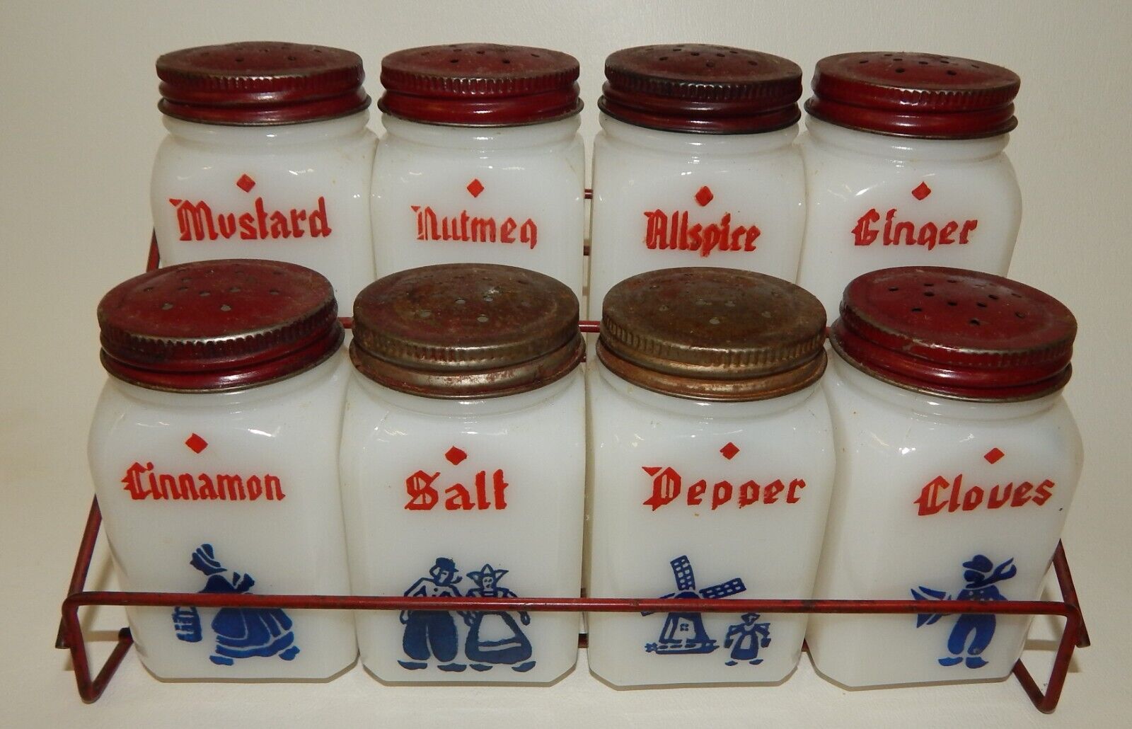 Set 8 Vtg McKee Tipp City Dutch Milk Glass Spice Shakers in Original Red Rack