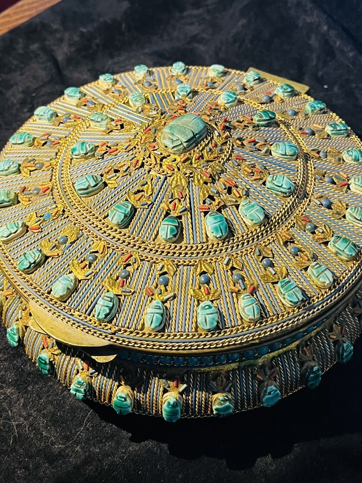Large Rare Antique Egyptian Scarab Stone Brass Footed Presentation Box
