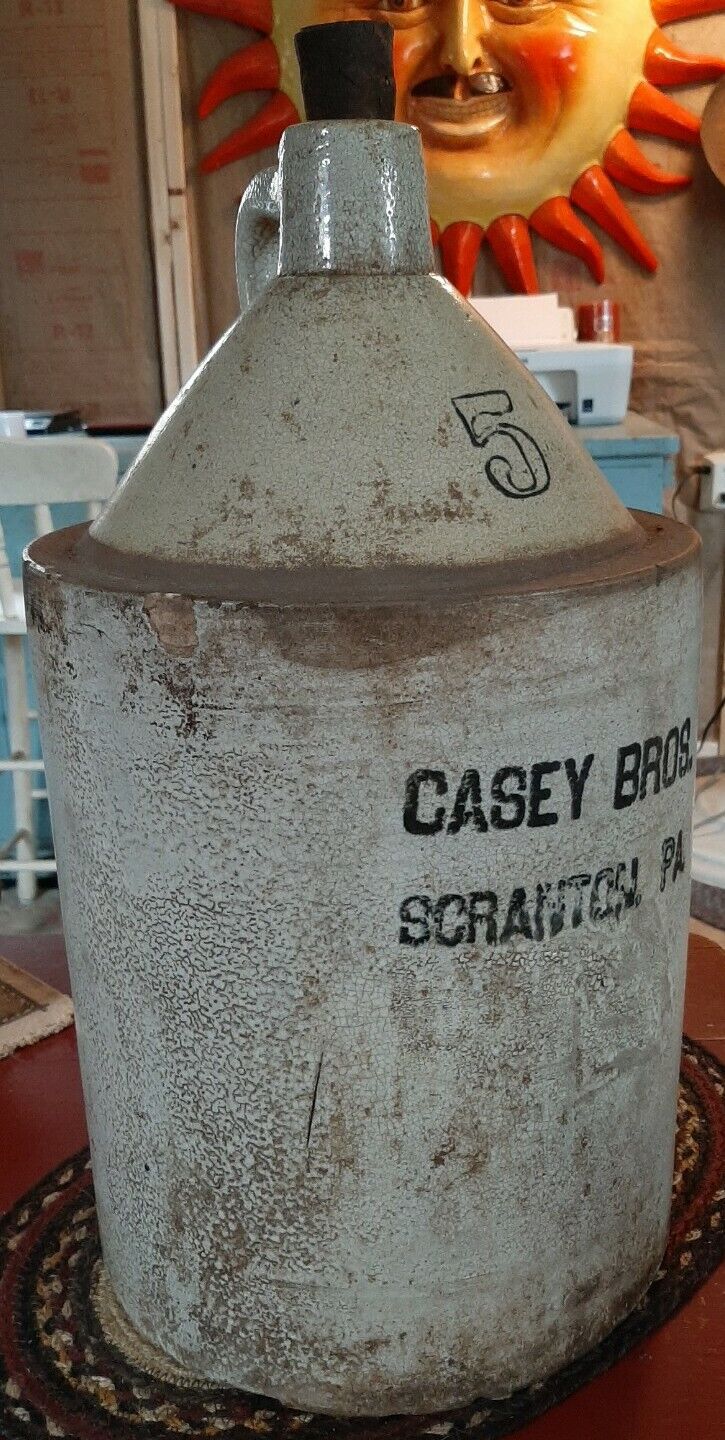 OLD Antique Stoneware 5 Gallon Jug Casey Bros. SCRANTON PA Advertising w/Cork