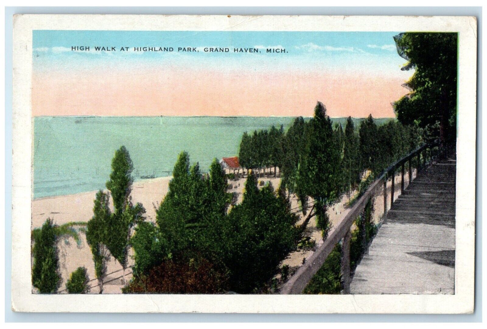 c1920 High Walk Highland Park Beach Coast Grand Haven Michigan Vintage Postcard