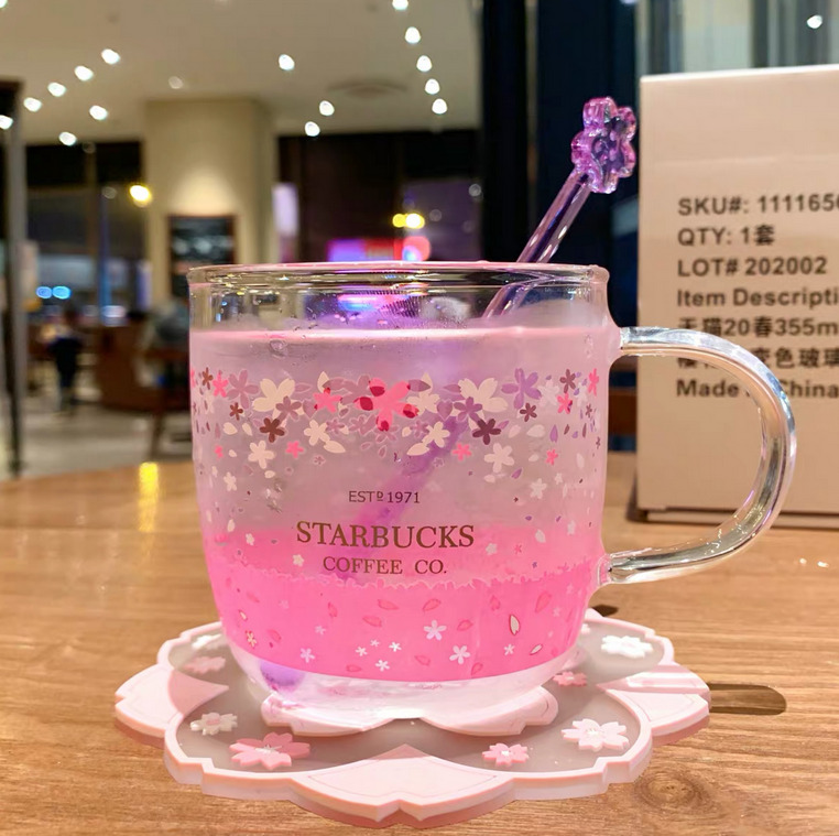 2022 Hot New Starbucks Glass Color-changing Pink Sakura Coffee Cup&Coaster&Rod