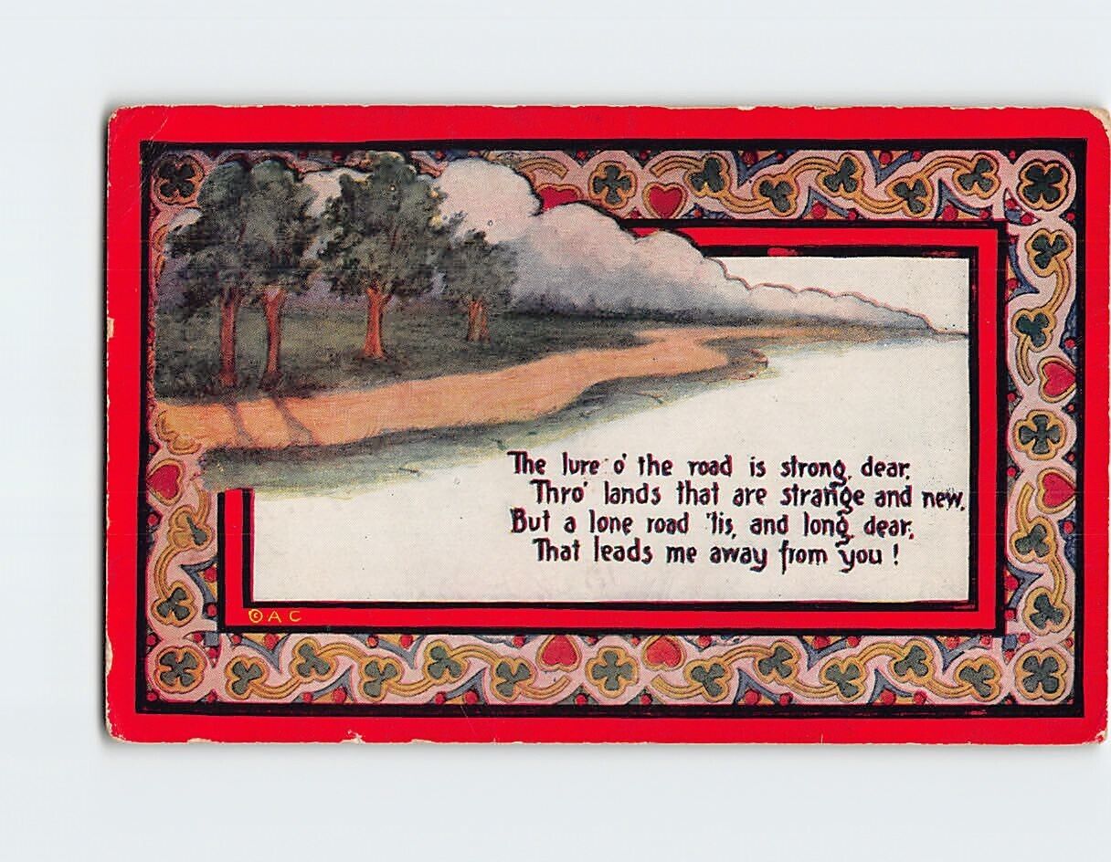 Postcard Beautiful Lake Scene, The Lure \'o The Road Is Strong Dear Poem