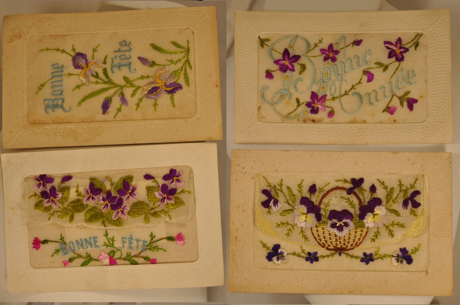 4 ANTIQUE EMBROIDERED CARDS EMBROIDERED GREETING CARDS