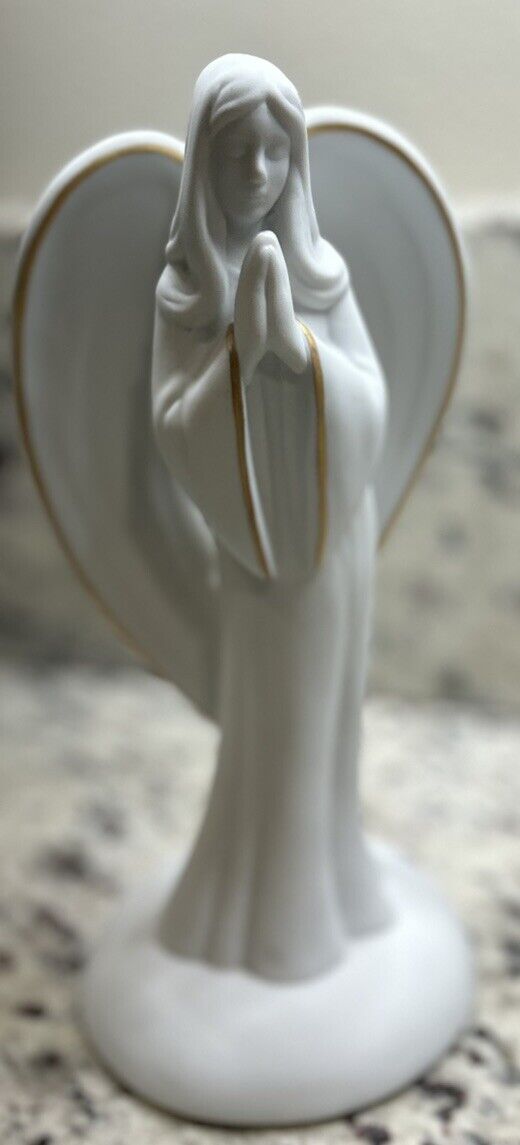 Teleflora's Angel of Grace Sculpture With White Matte Ceramic & Gold Trim 9 In