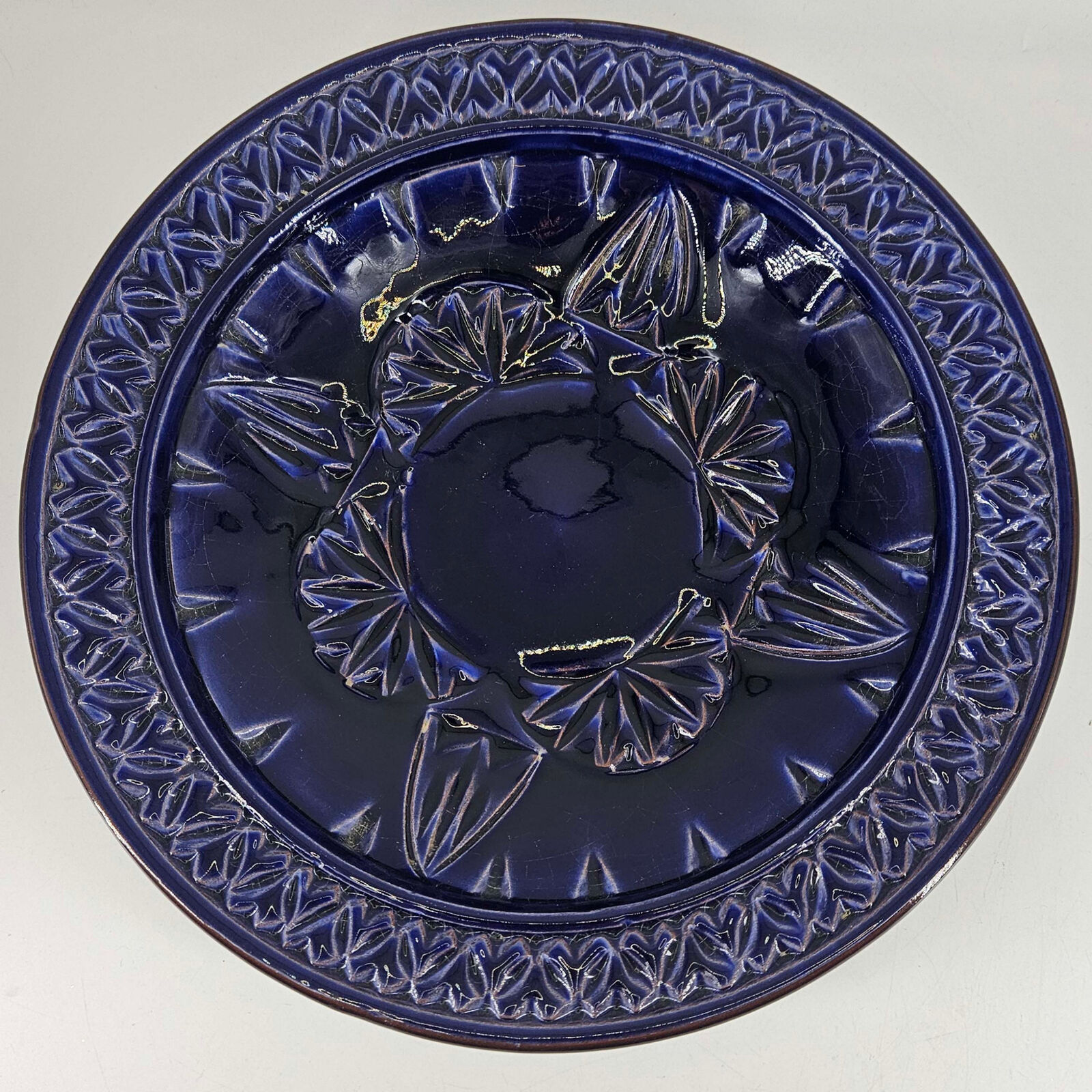 Vintage Cobalt Indigo blue Studio Art Primitive hand made glazed pottery platter