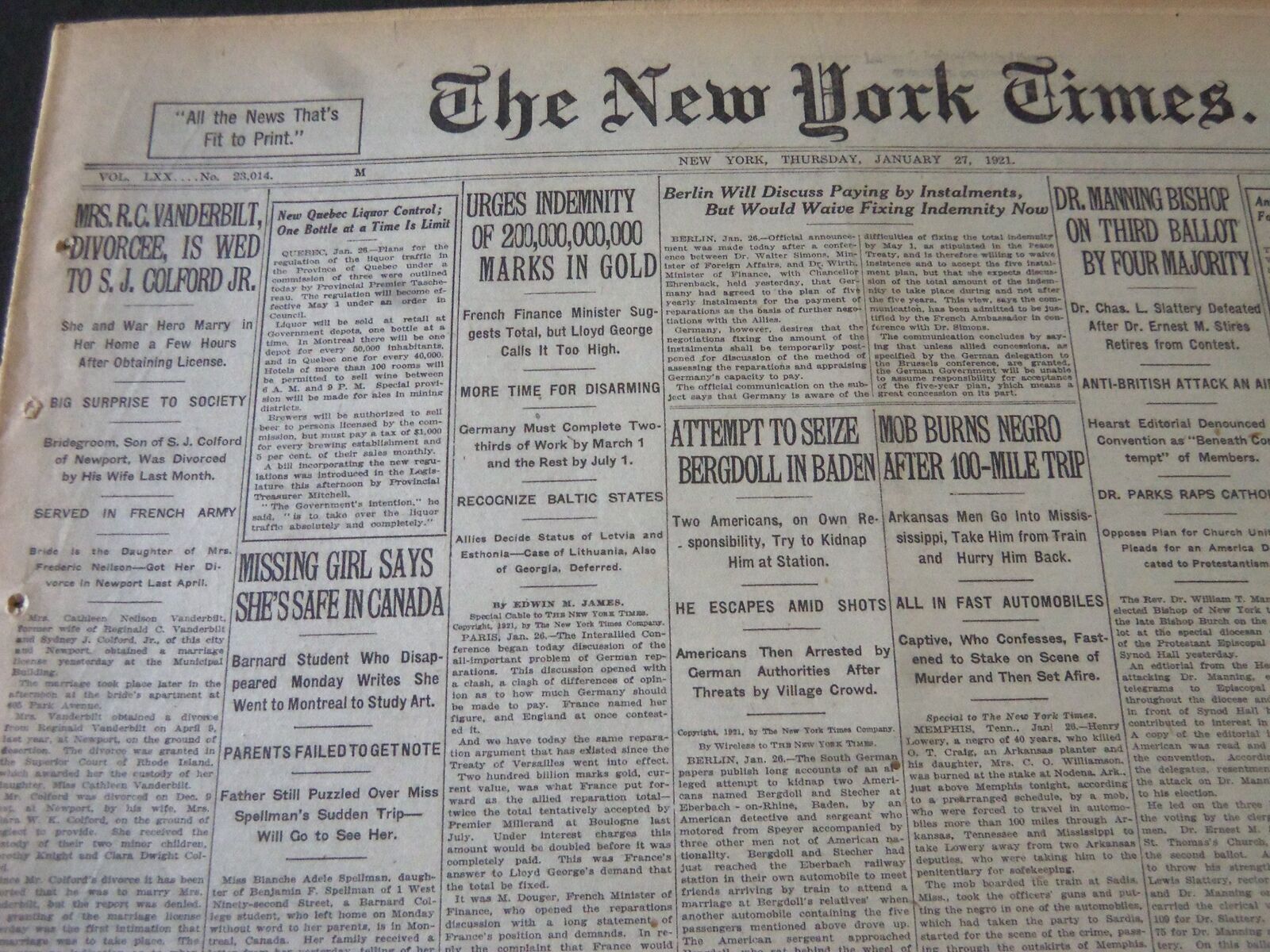1921 JANUARY 27 NEW YORK TIMES - MRS. R. C. VANDERBILT IS WED - NT 6157