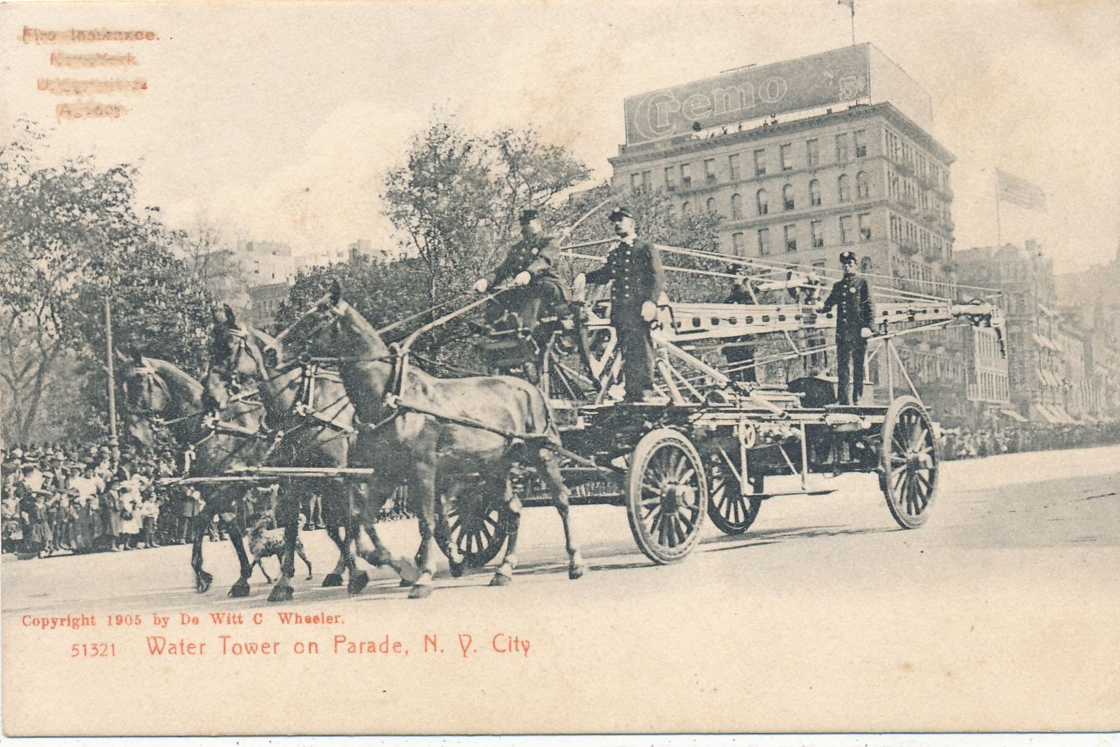 NEW YORK CITY - Firefighters and Horse Drawn Water Tower On Parade Postcard -udb