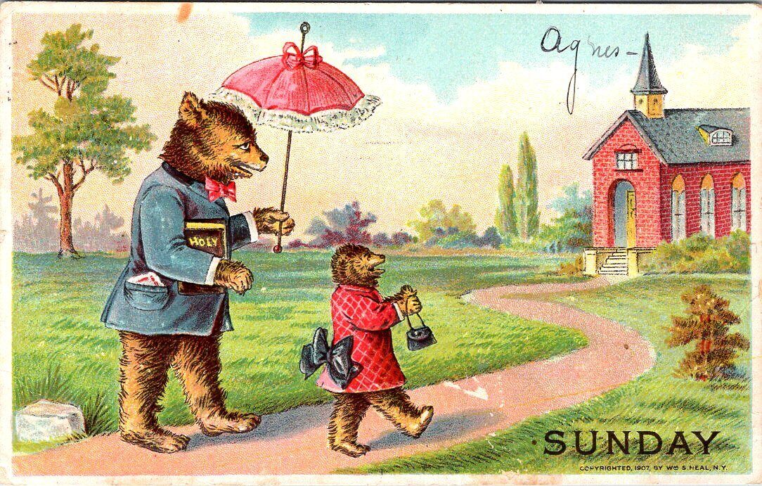 1908, BEARS, Day of the Week Series, Sunday, Artist Signed WM. S. HEAL Postcard