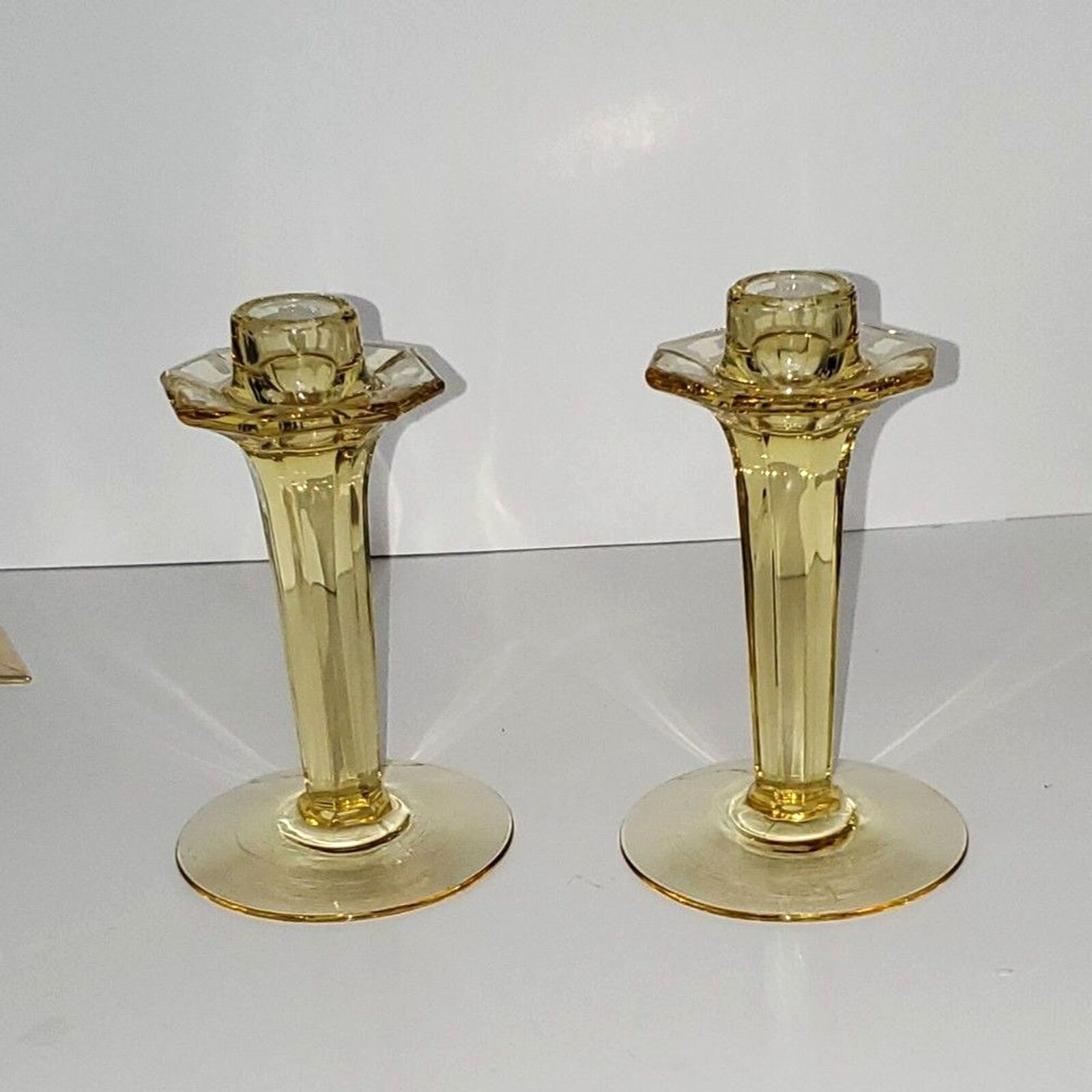 A Pair of Candlesticks Yellow Glass Vintage Home Decor Collectible HTF Rare