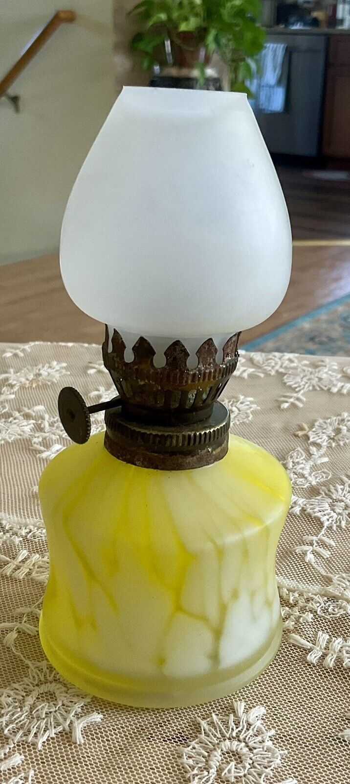 Vintage Yellow Satin Glass Miniature Oil Kerosene Lamp