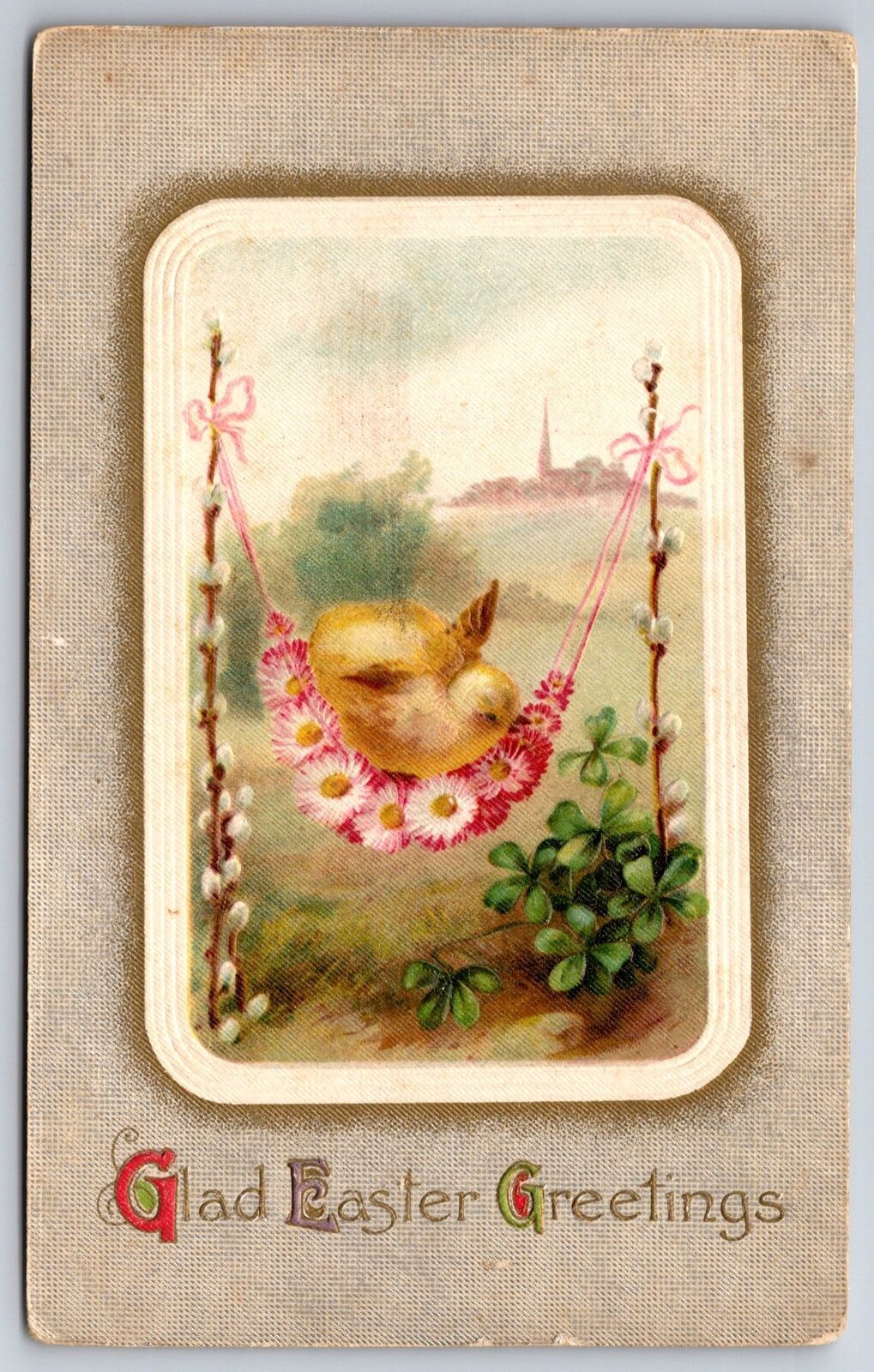 Easter Fantasy~Chick in Pink Daisy Hammock Swing~Pussy Willows~c1910 Winsch PC