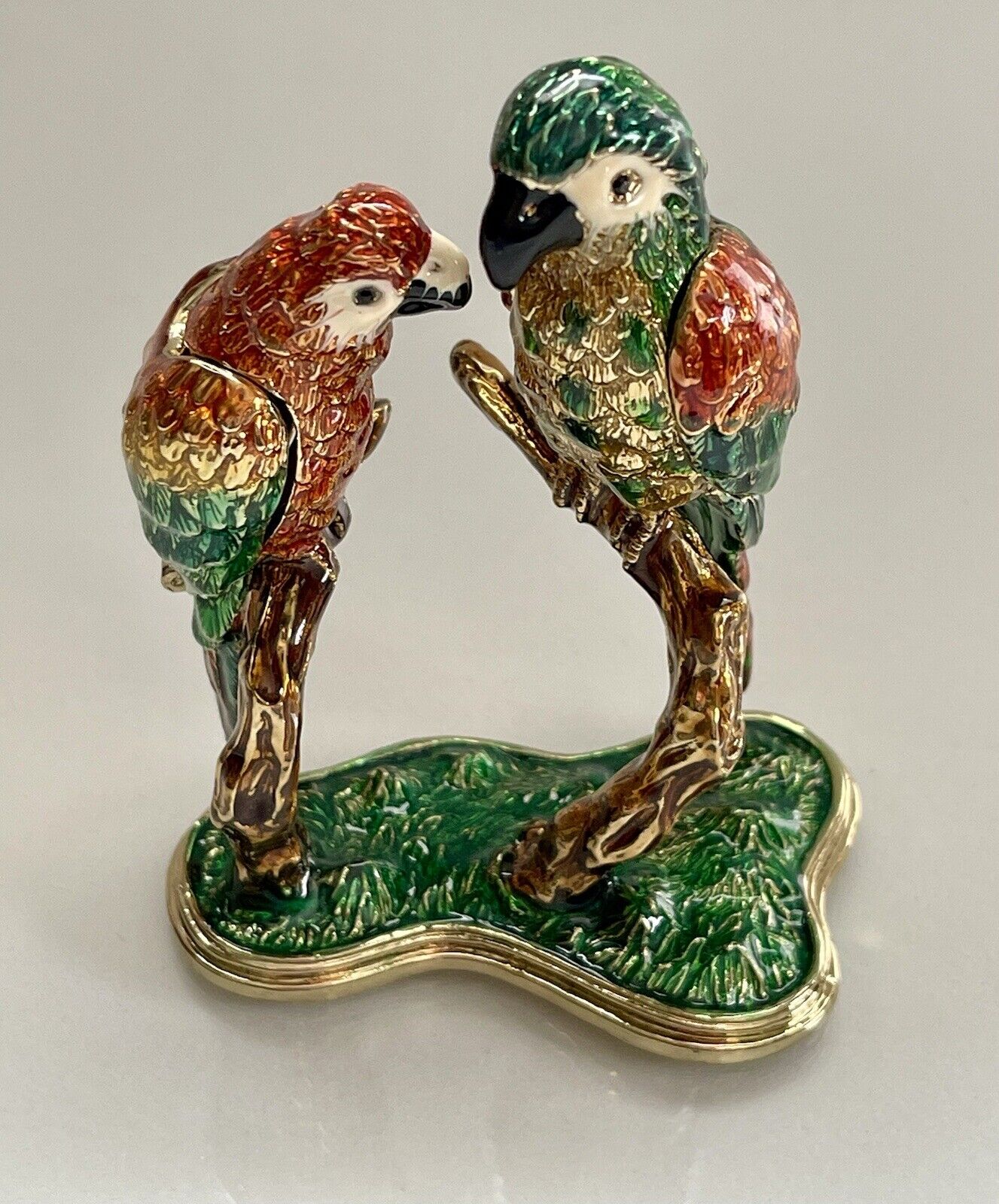 Enameled Bejeweled Pair of Parrots Hinged Trinket Box