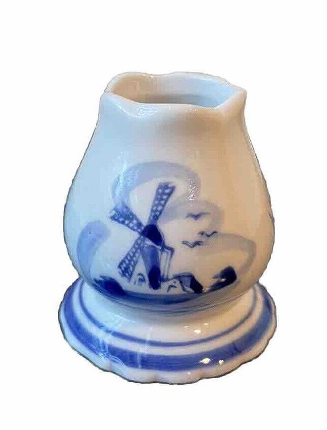 VINTAGE ~ Dutch Delft Windmill Blue & White Hand Painted Toothpick Holder Signed