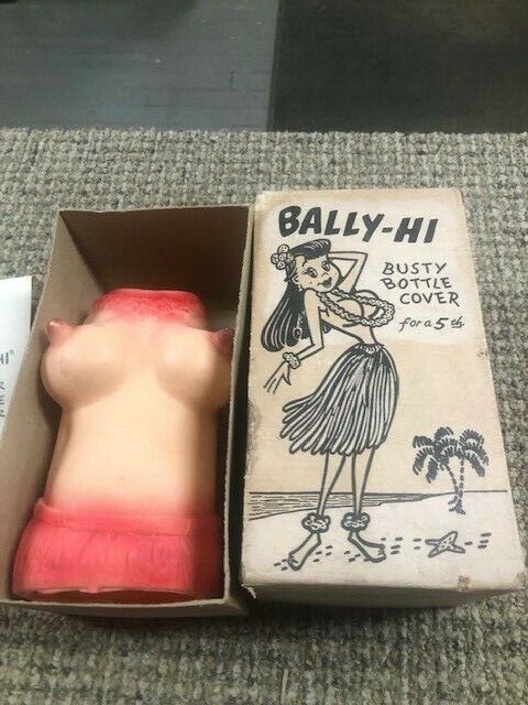 RARE  VINTAGE LOT NOVELTY BAR TOPLESS BUSTY BOTTLE COVER, BALLY -  W/ BOX--73-T