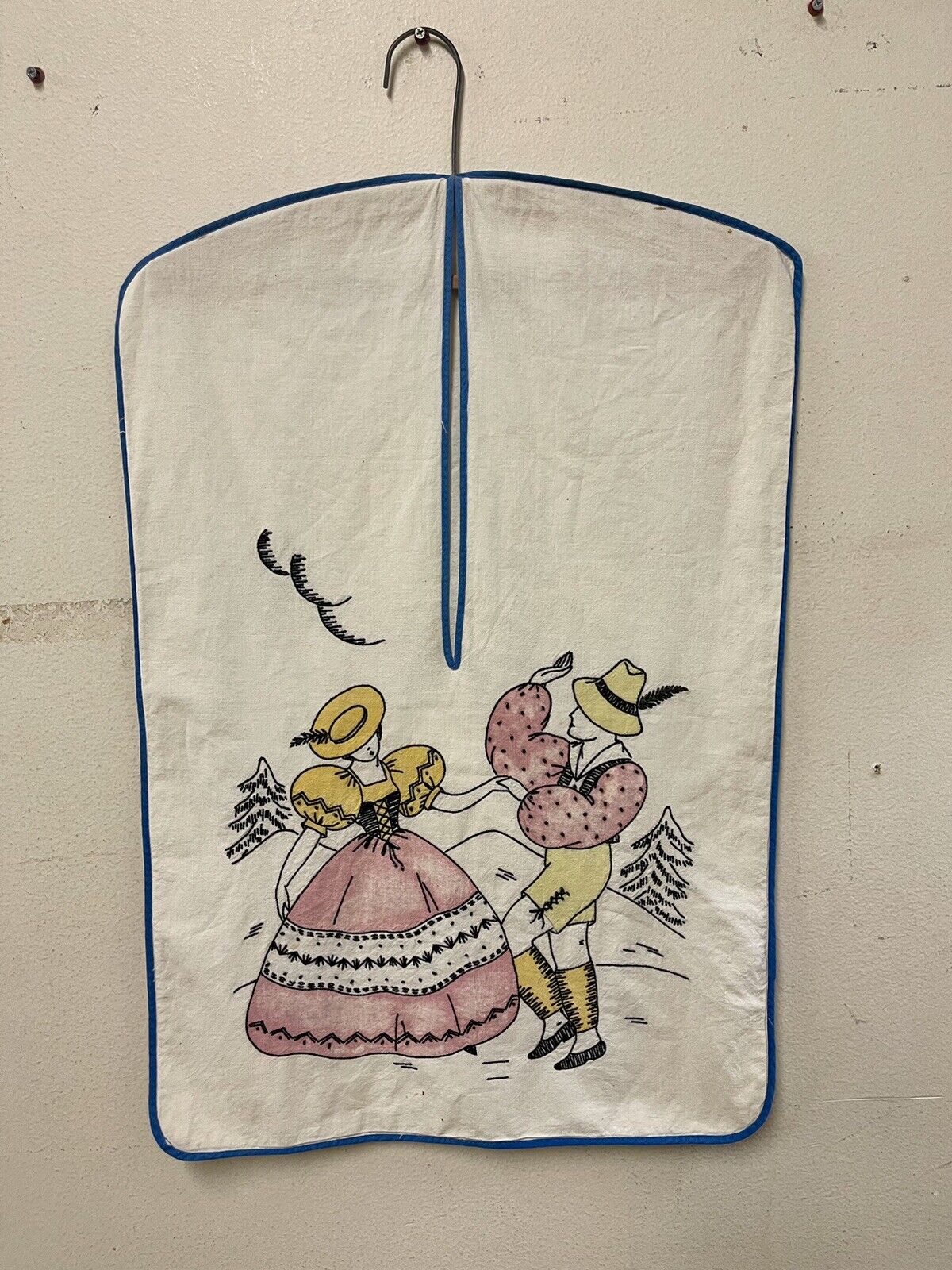 1940s Embroidered Hanging Hosiery Clothes Pin Bag Swiss Man Woman Dancing VTG