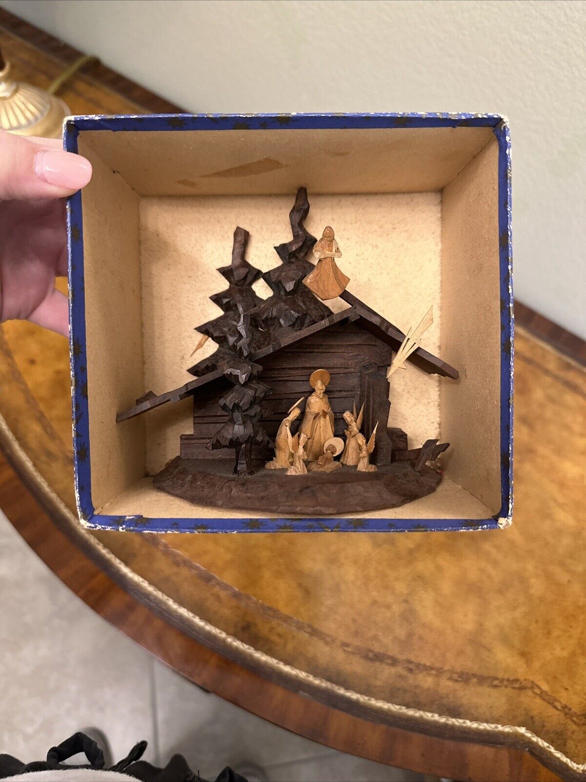 OBERAMMERGAU Vintage Hand Carved Wood Nativity Scene In Box