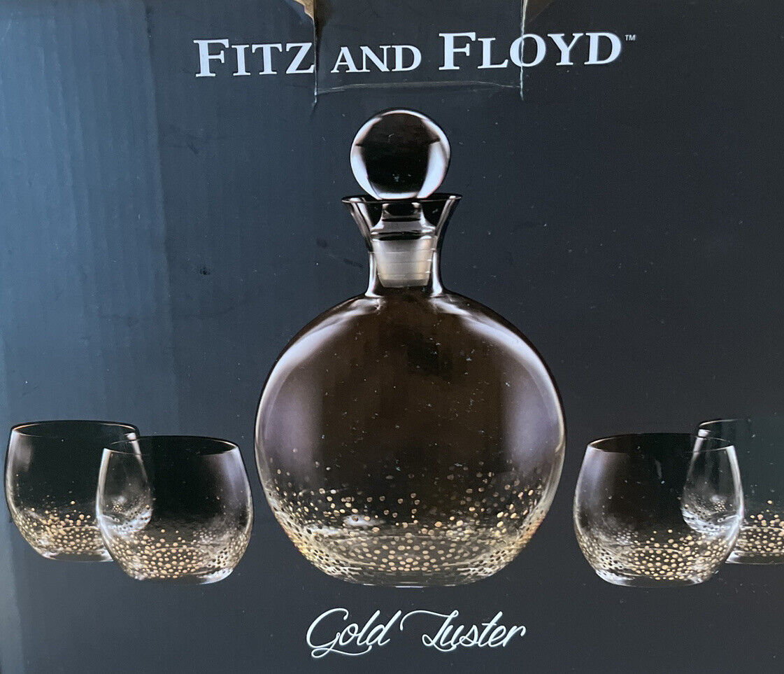 Fitz and Floyd Luster Gold 5 Piece Whiskey Decanter Set