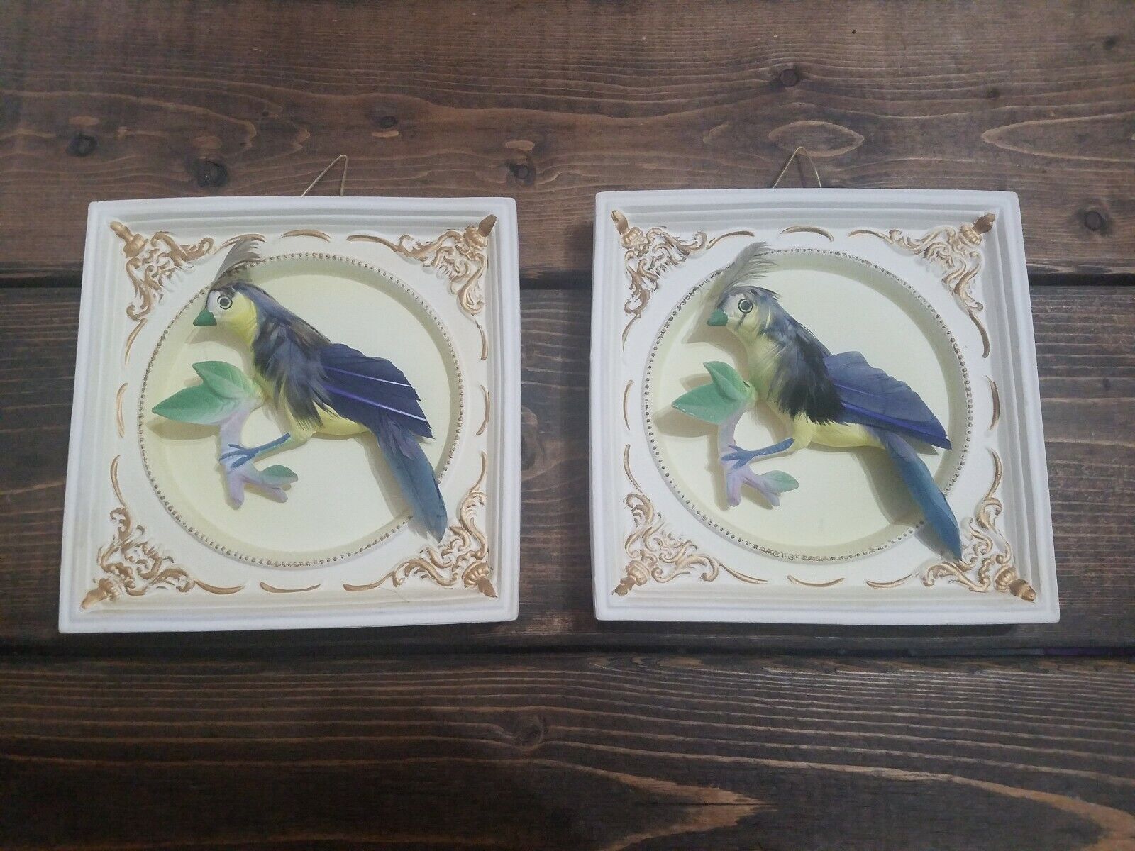 Vintage Olimco Wall Plaques 3D Asian Art Birds Real Feathers Plaster Set Unique 