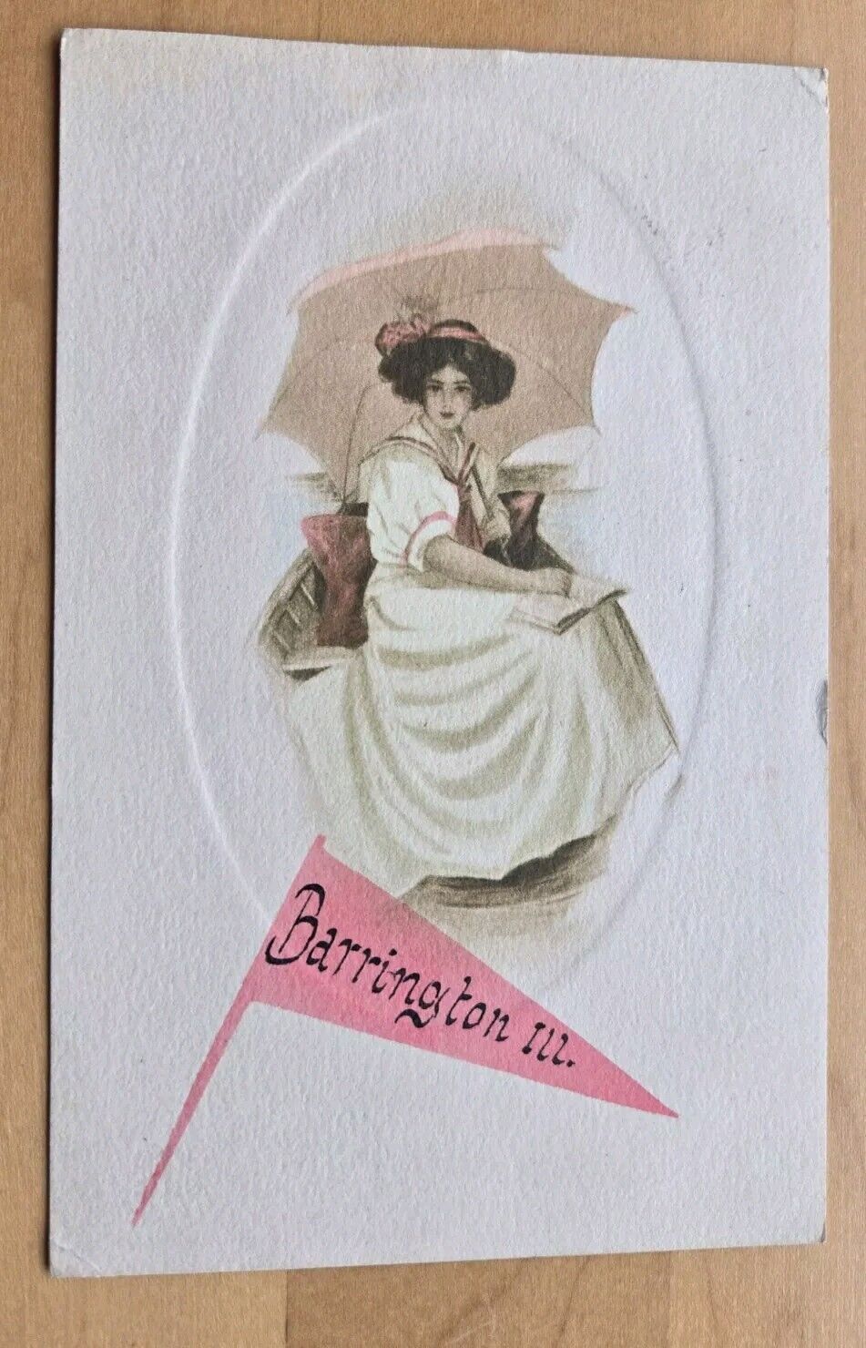 Pretty Lady With Book Under Umbrella Barrington IL Greeting Postcard