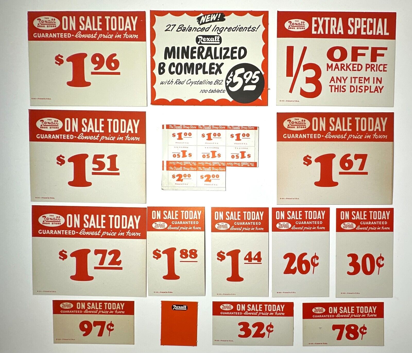 Vintage REXALL DRUG STORE Sale Signs Shelf Tags MINERALIZED COMPLEX Lot of 15