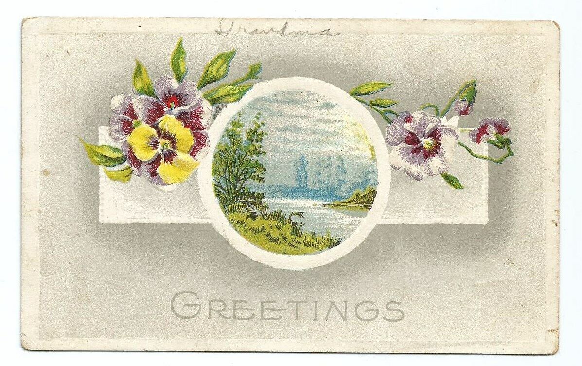 Greetings Postcard c1910 Flowers Scenic Embossed