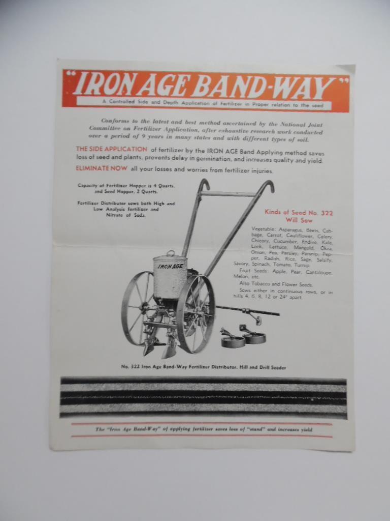 c.1940 Iron Age Band-Way Fertilizer Spreader Catalog Sheet Ellis Keystone Vintag