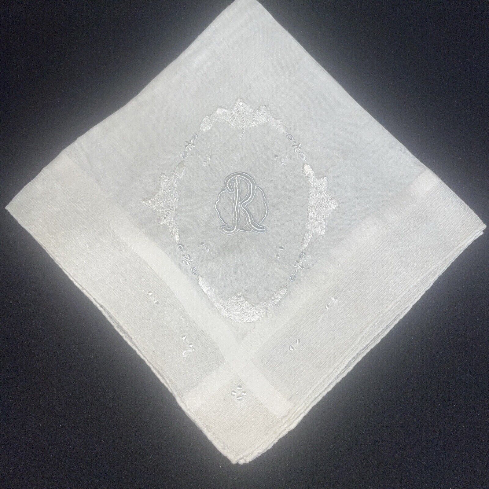 Vintage Set of 2 Cotton Monogrammed 'R' White Handkerchiefs