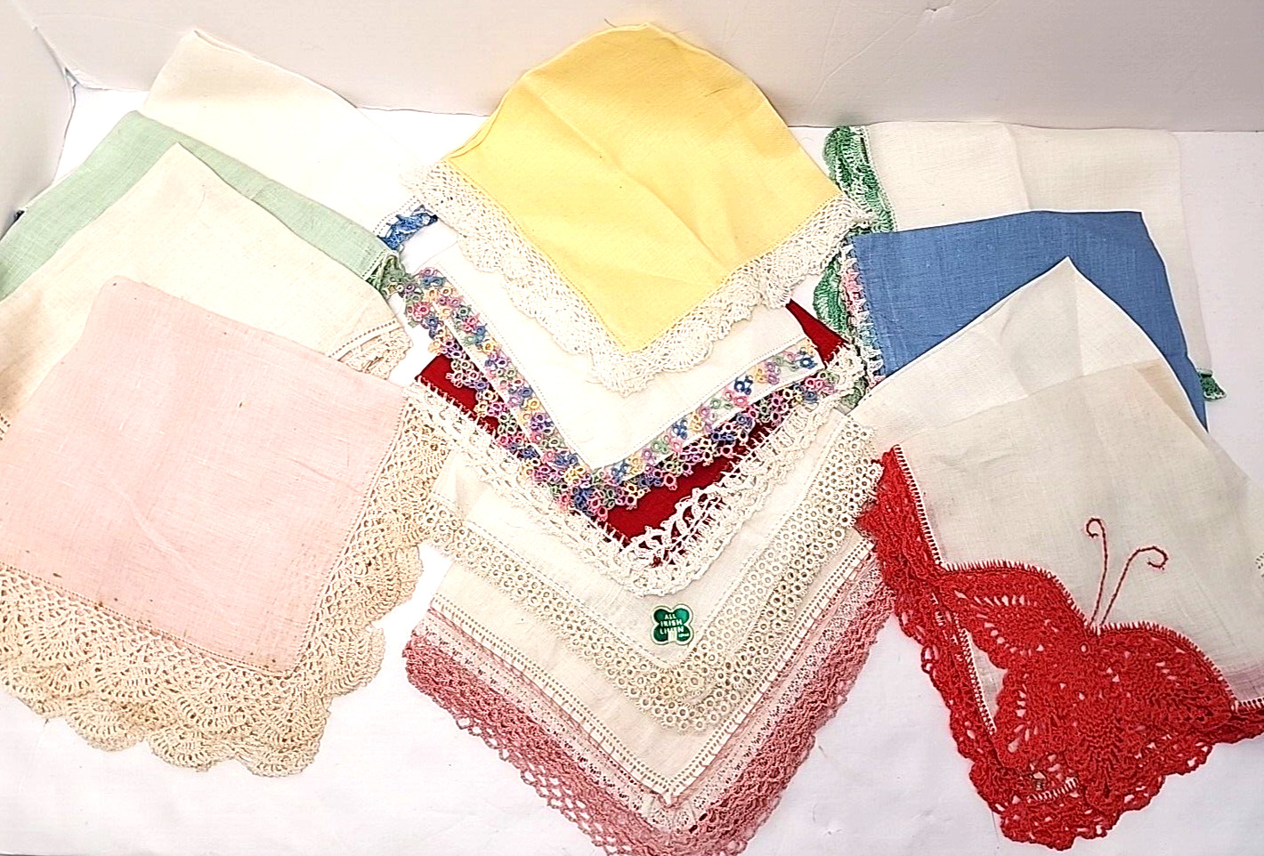 13 Vintage Linen Napkins Crocheted Edges Irish Crochet Cloth Ireland Embroidered