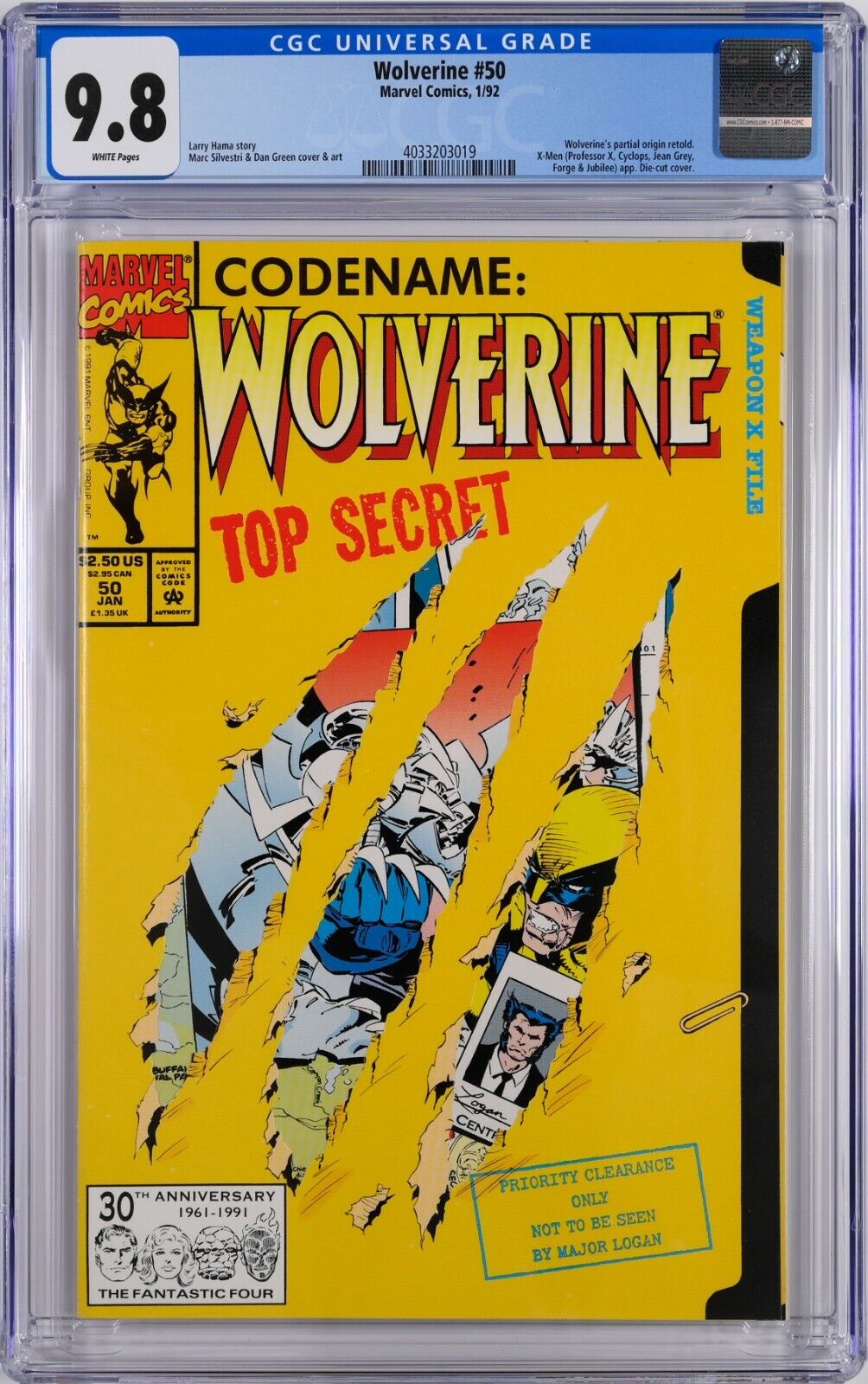 Wolverine #50 CGC 9.8 (Jan 1992, Marvel) Larry Hama Story, Die-Cut Cover
