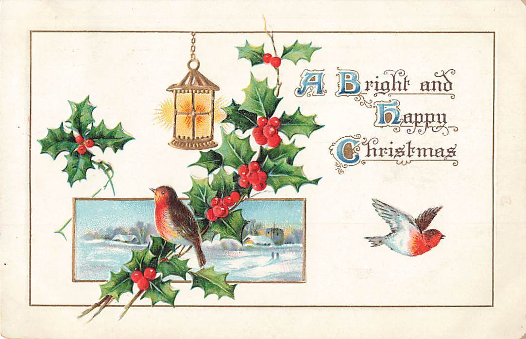 c1910 Bird Songbird Holly Lantern Snow People Scene Germany Christmas P473