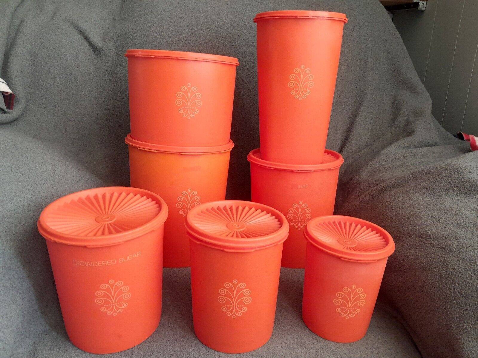 Vintage 14pc 1970s Orange Tupperware Assorted Canisters With Servaliers Lids