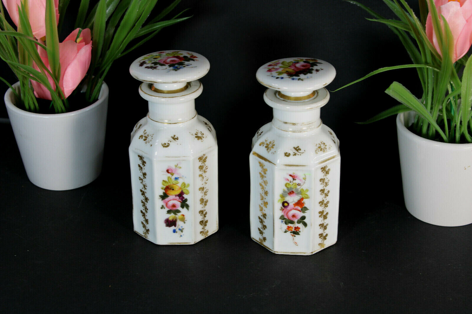PAIR antique vieux paris porcelain flacons floral 