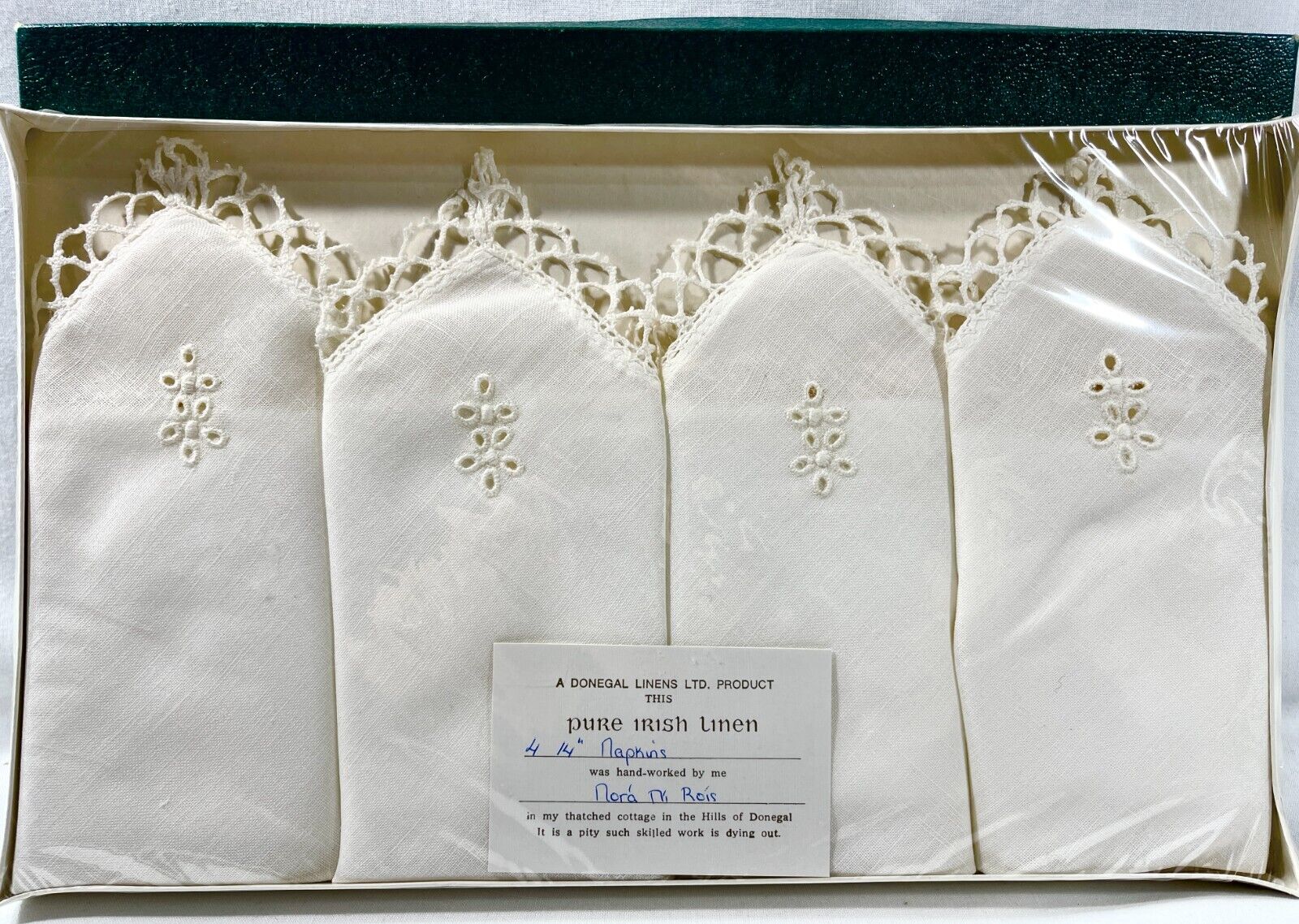 NEW 1950s Donegal Linens Handmade Pure Irish Linen Napkins Boxed Set 4 Vtg 13628
