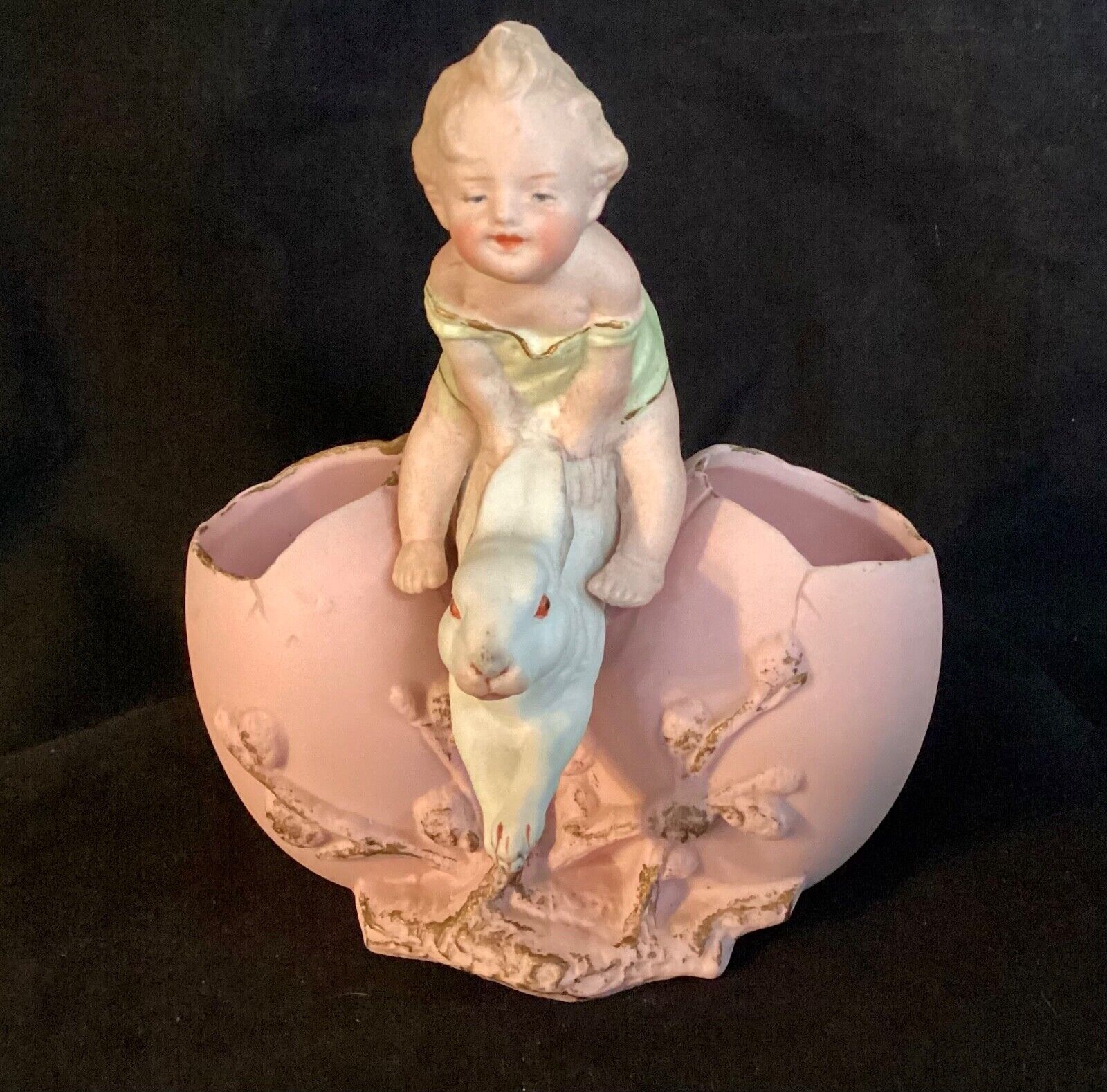 Antique Bisque Heubach Easter Container Girl Riding Rabbit