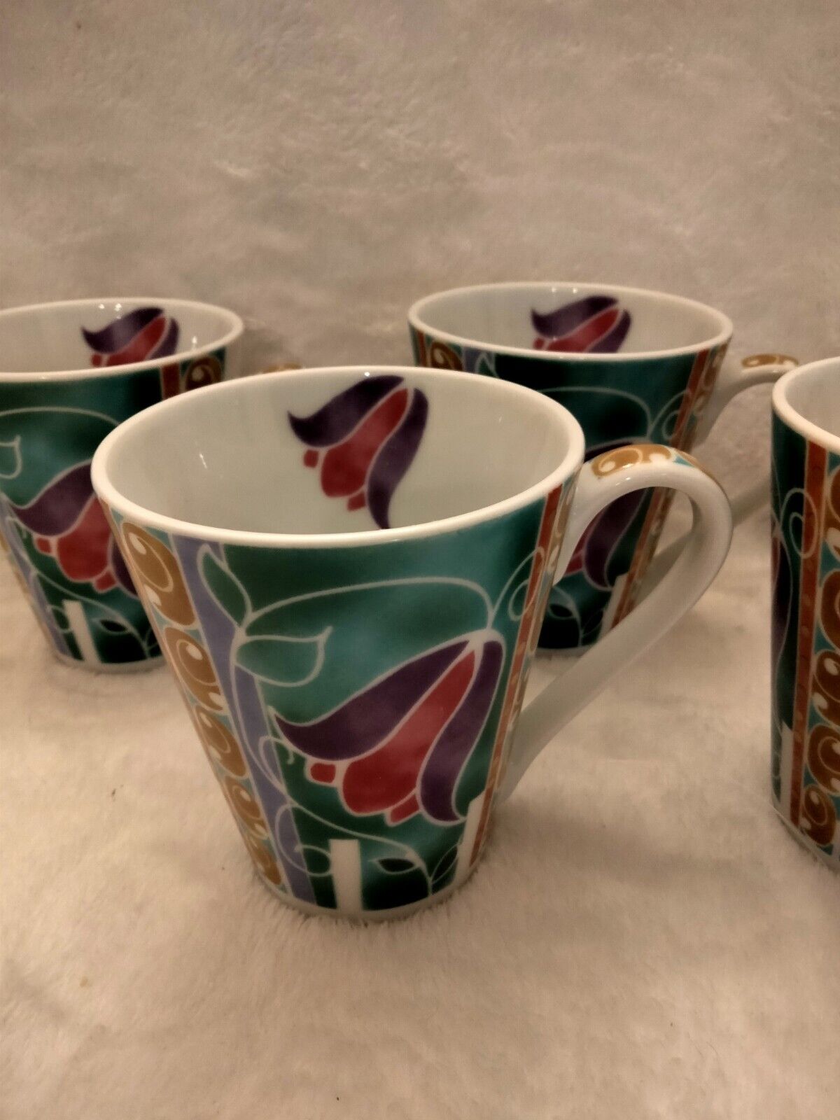 Rare Vintage Russian Art Deco Floral Tulip Tea / Coffee Mug Set 4 Signed