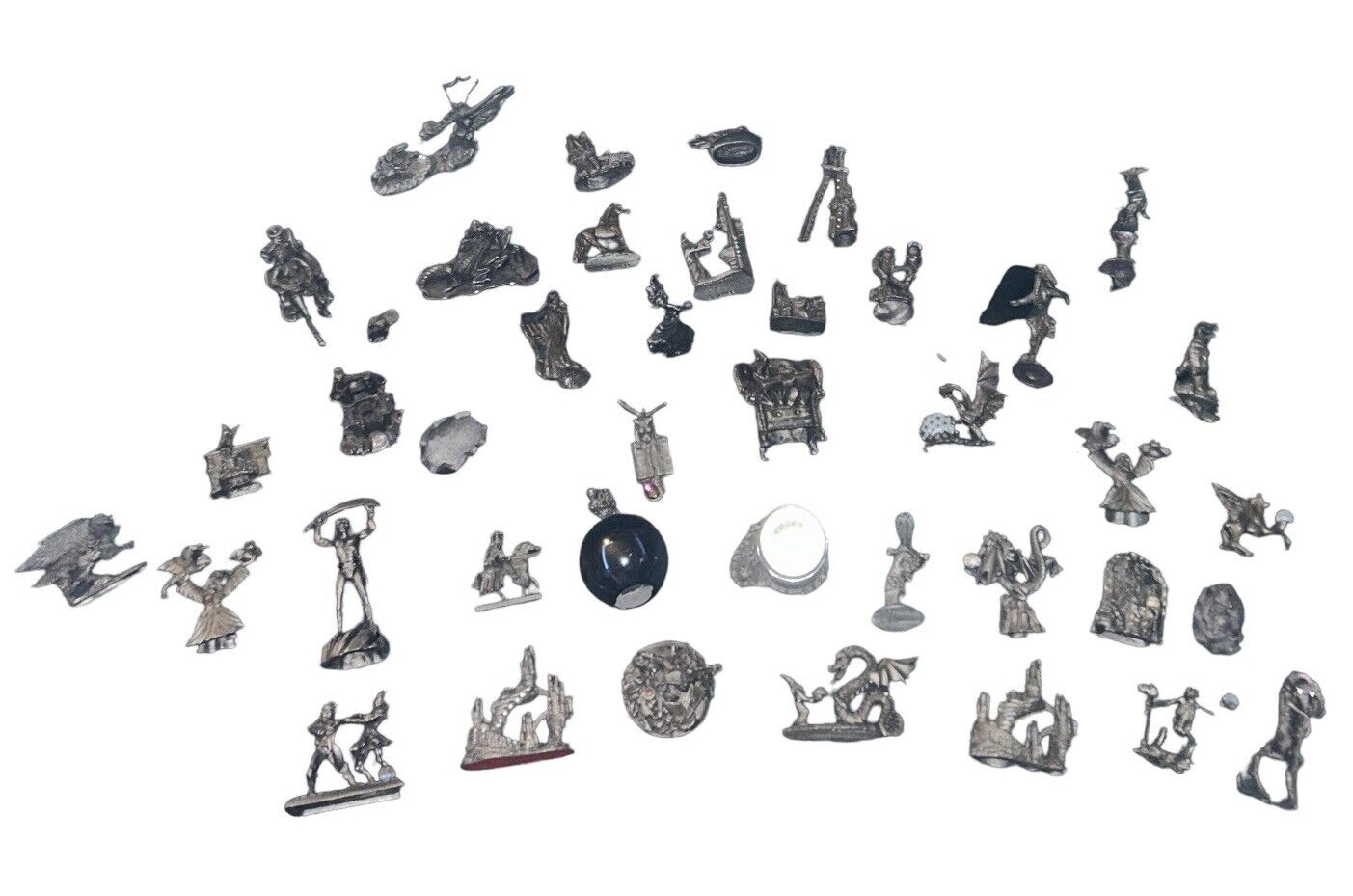 Vintage Pewter Figurines Fantasy Lot of 41 Dragons Wizards Castles Etc 80s 90s