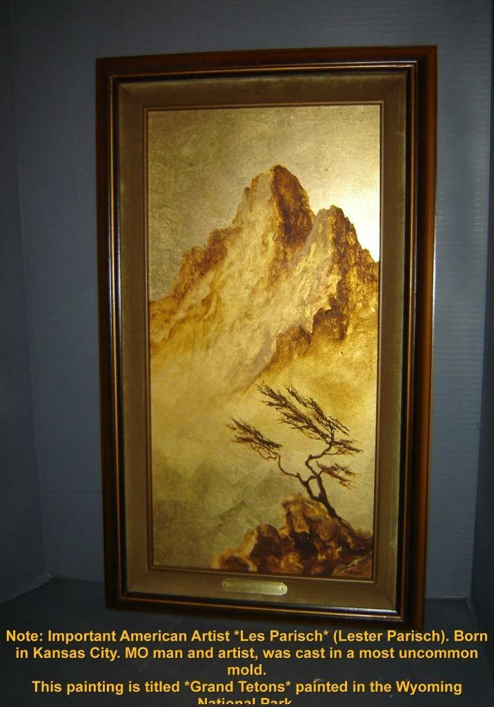 American Grand Tetons Mountain Gold Leaf on Masonite Painting by Les Parisch.