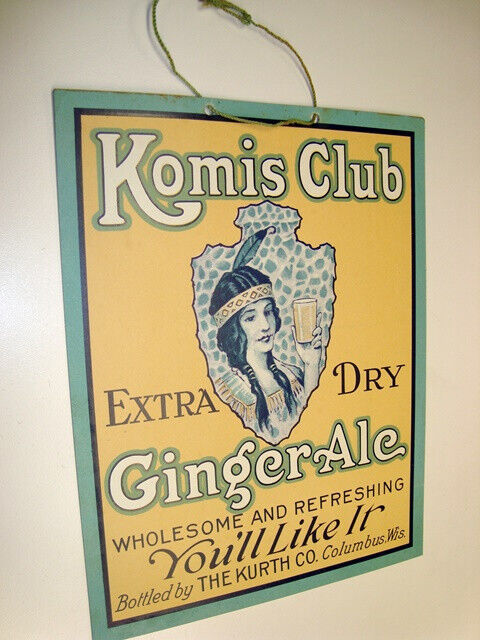 Circa 1920s Komis Club Indian Girl Cardboard Sign, Kurth Brewing, Columbus, Wisc