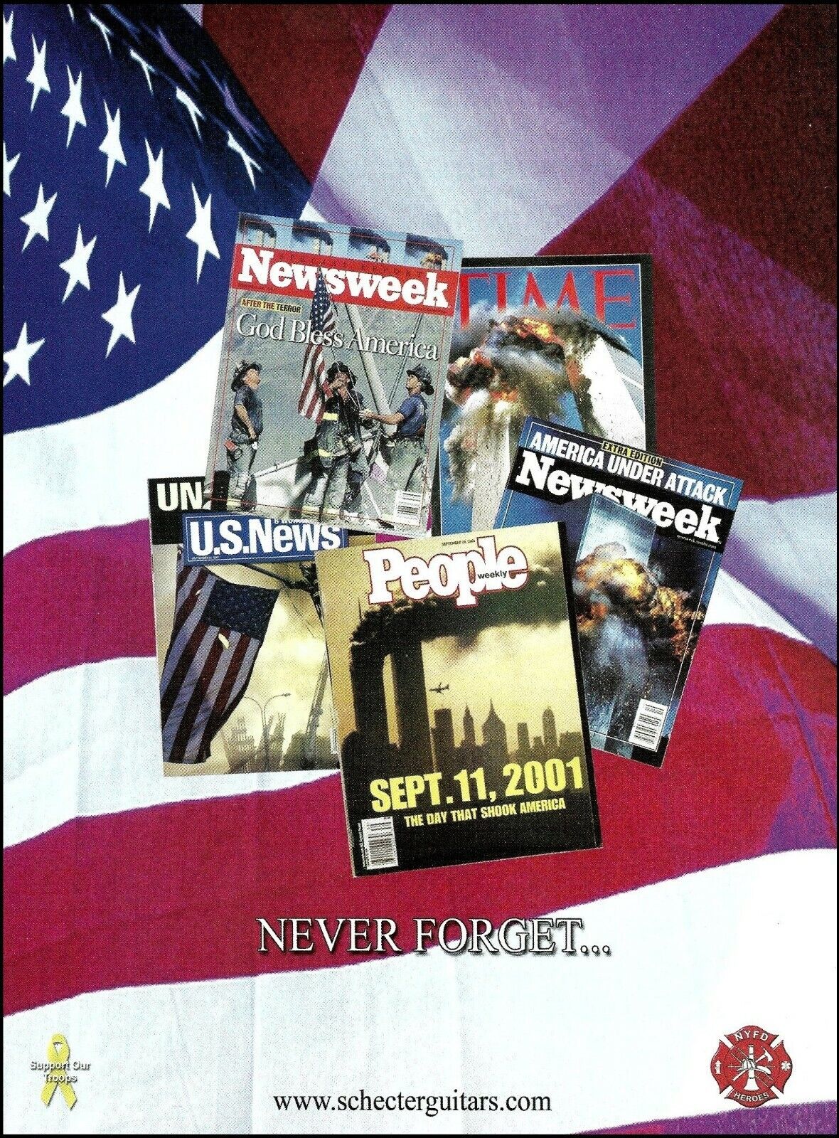 Schecter Guitars 9 11 2001 Never Forget NYC World Trade Center magazine cover ad