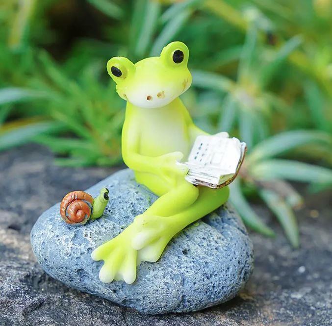 Miniature Fairy Garden Reading Frog Sitting on Stone w/ Snail - Buy 3 Save $5
