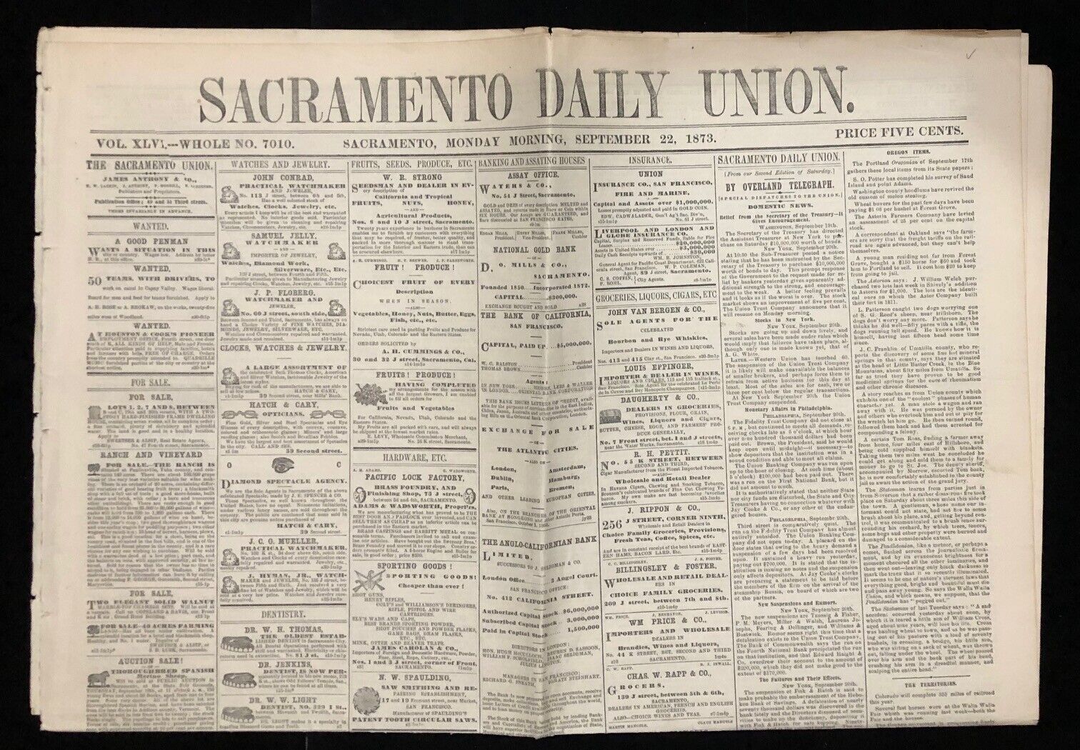 SACRAMENTO DAILY UNION : SEPT 22 1873 VINTAGE PAPER POST CIVIL WAR ERA