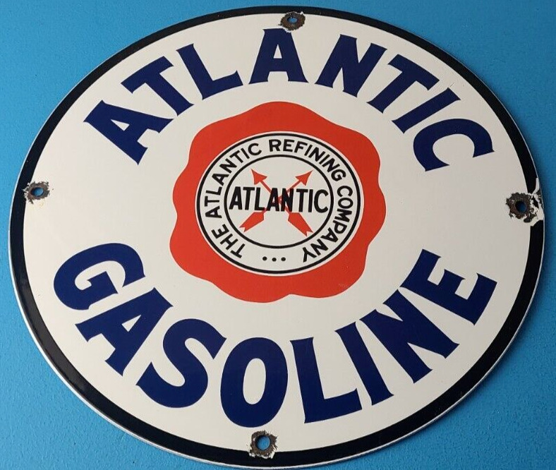 Vintage Atlantic Gasoline Sign - Gas Service Station Pump Porcelain Sign