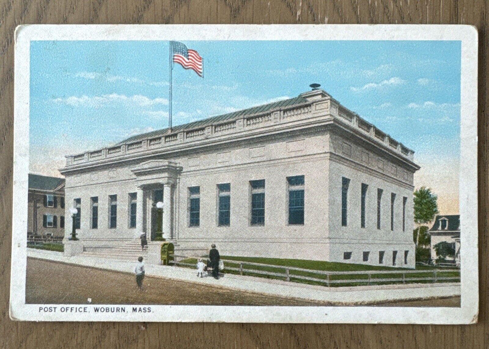 Post Office postcard Massachusetts MA Woburn flag globe lights Vintage CC