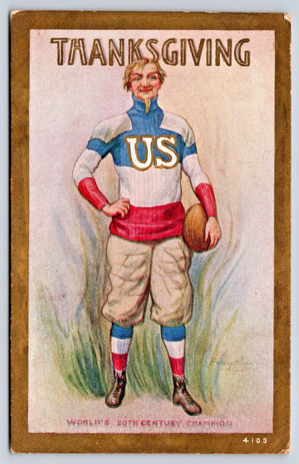 Postcard RARE Patriotic Football Champ US Thanksgiving 1908 Artist Signed A18